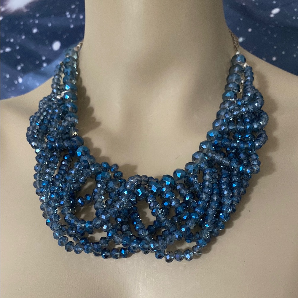 Elegant Blue Aurora Borealis Glass Beaded Statement Necklace